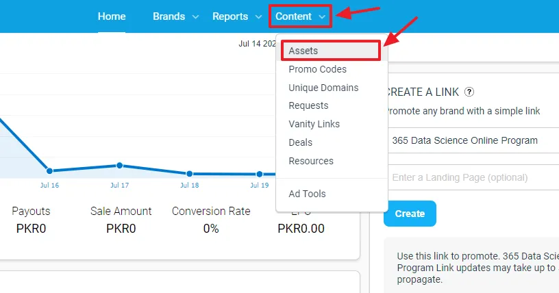 On your Impact Radius account's Dashboard go to Content. Click on the Assets.