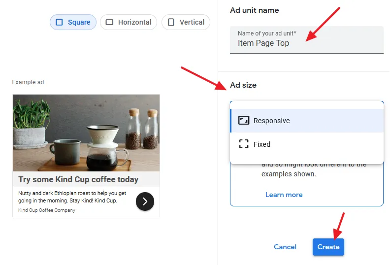 Enter a meaningful name for your Ad Unit. Select Ad Size and click on the create button.