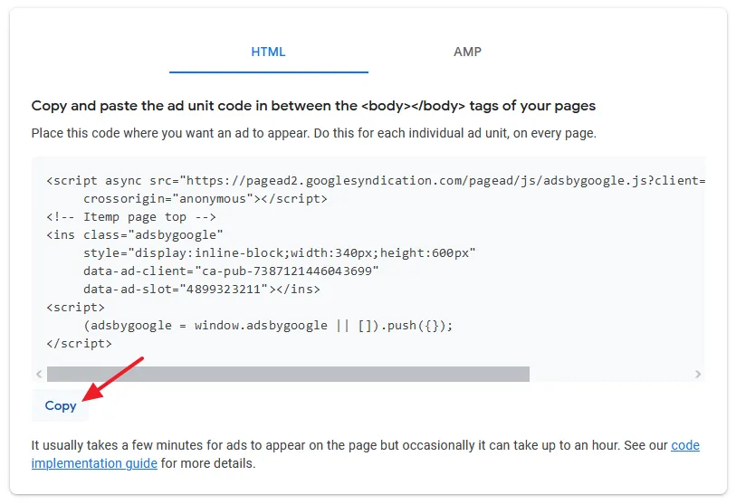 Click on the HTML. If AMP is enabled on your site then click on the AMP tab. Click on the Copy to copy the code.