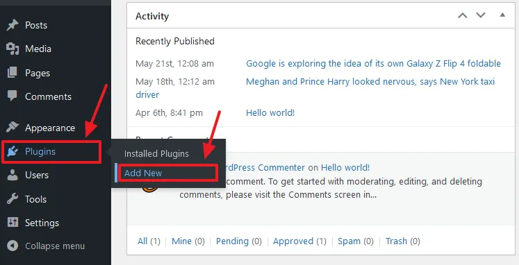 Go to Plugins from the sidebar. Click on the Add New. Go to Plugins from the sidebar. Click on the Add New.