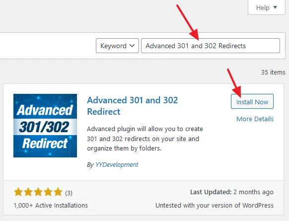 Enter Advanced 301 and 302 Redirects in the plugins search bar.