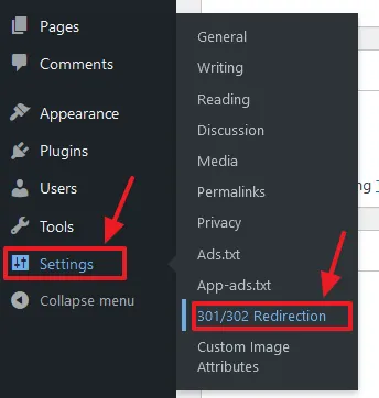 Go to Settings from the sidebar. Click on the 301/302 Redirection.
