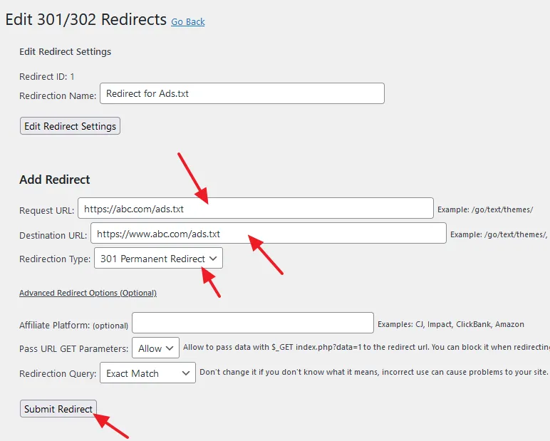 Add redirect for https://www domains like Request URL, Destination URL, and Redirection Type 301 Permanent