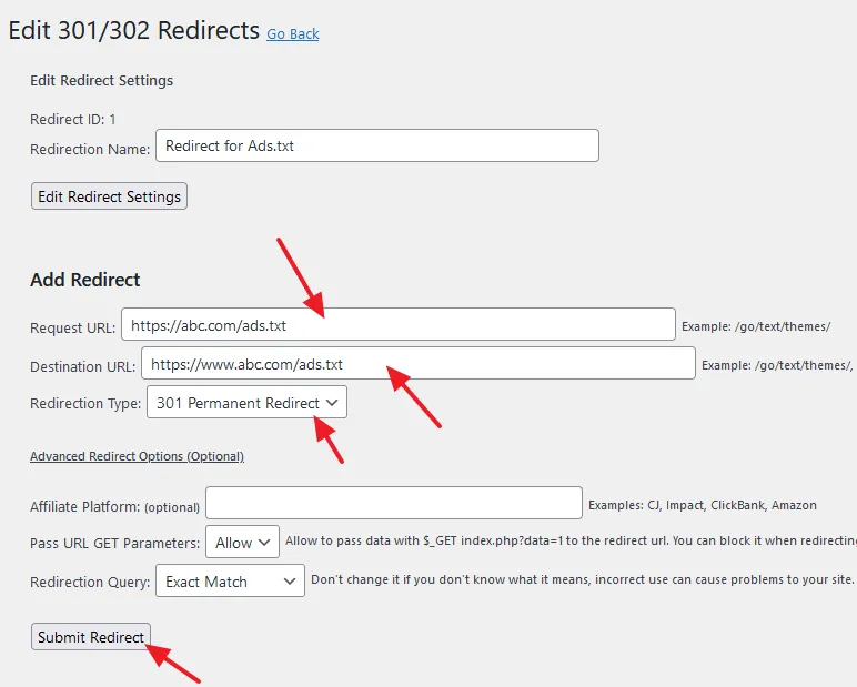 Add redirect for https://www domains Add redirect for https://www domains like Request URL, Destination URL, and Redirection Type 301 Permanent