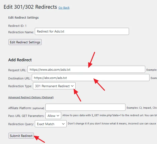 Add redirect for non www domains like Request URL, Destination URL, and Redirection Type 301 Permanent