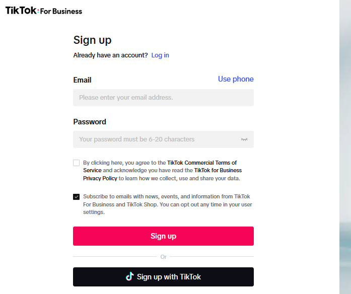 If you already have a TikTok Business account Sign-in otherwise Sign-up and complete the next steps. 