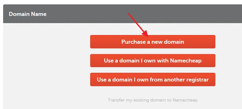 Domain Name You have three options here (1) Purchase a new domain (2) Use a domain I own with Namecheap (3) Use a domain I own from another registrar.