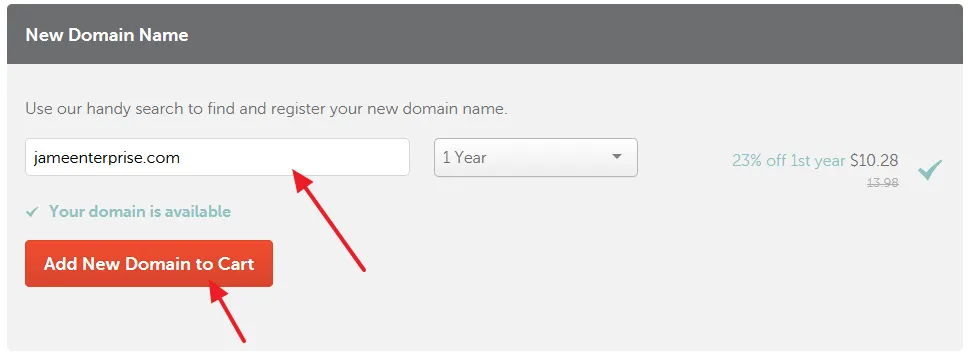 Enter your domain name with extension and click on the Add New Domain to Cart button. Enter your domain name with extension and click on the Add New Domain to Cart button.