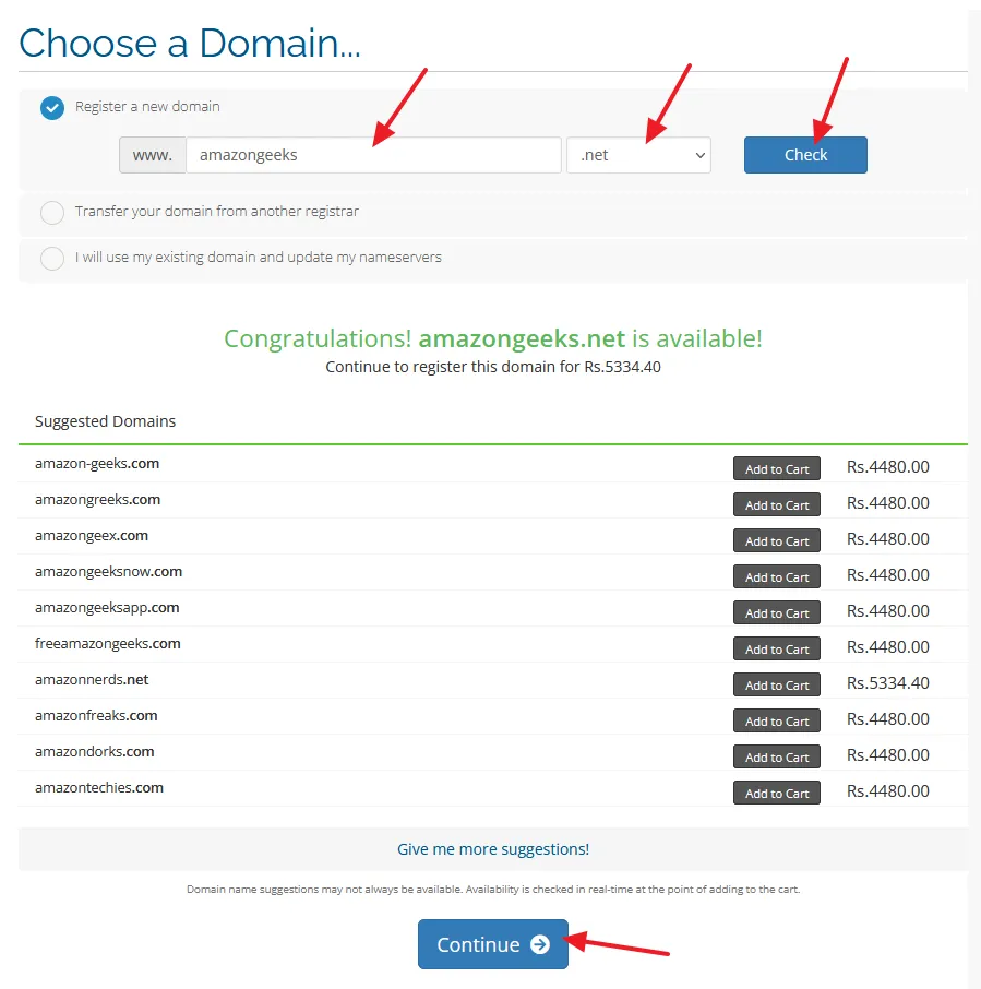 Register a domain for your hosting on Inspedium If your desired domain is available it will show you a congratulations message with its price. It also suggests you relevant domains with their price.Click on the Continue button.