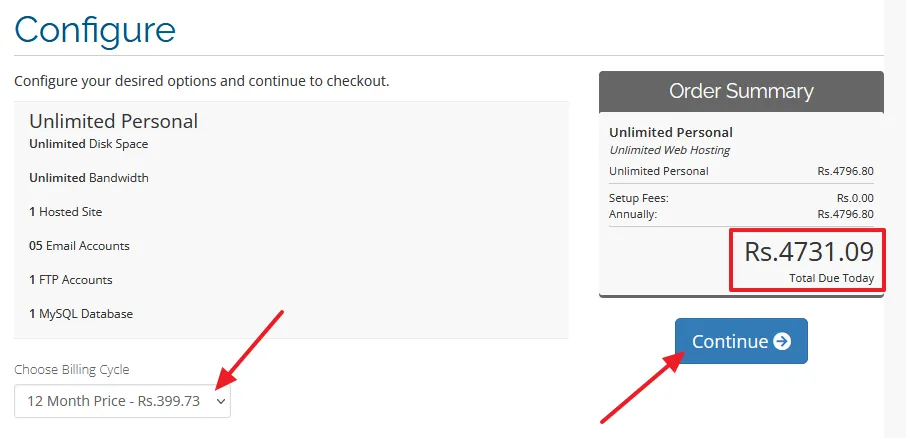 This is the summary of your Hosting Plan without including the domain cost. Choose your Billing Cycle. Click on the Continue button.