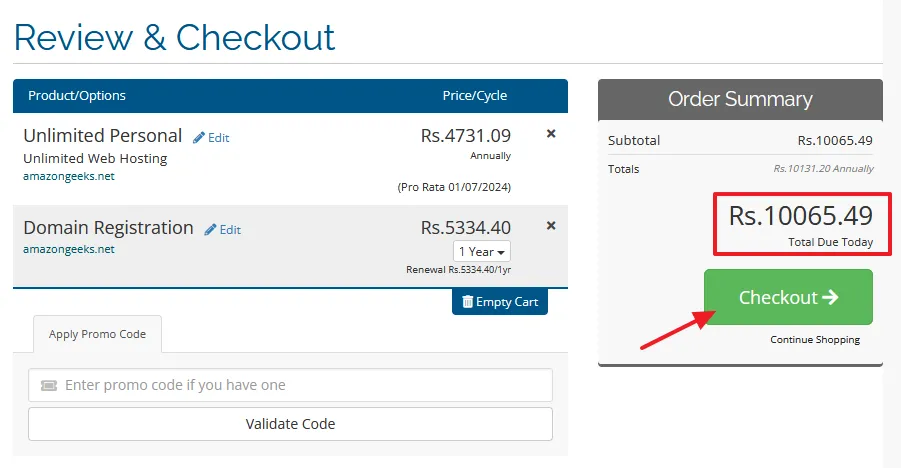 Complete Order Summary that includes cost of your Domain and Hosting Plan. Click on the Checkout button.