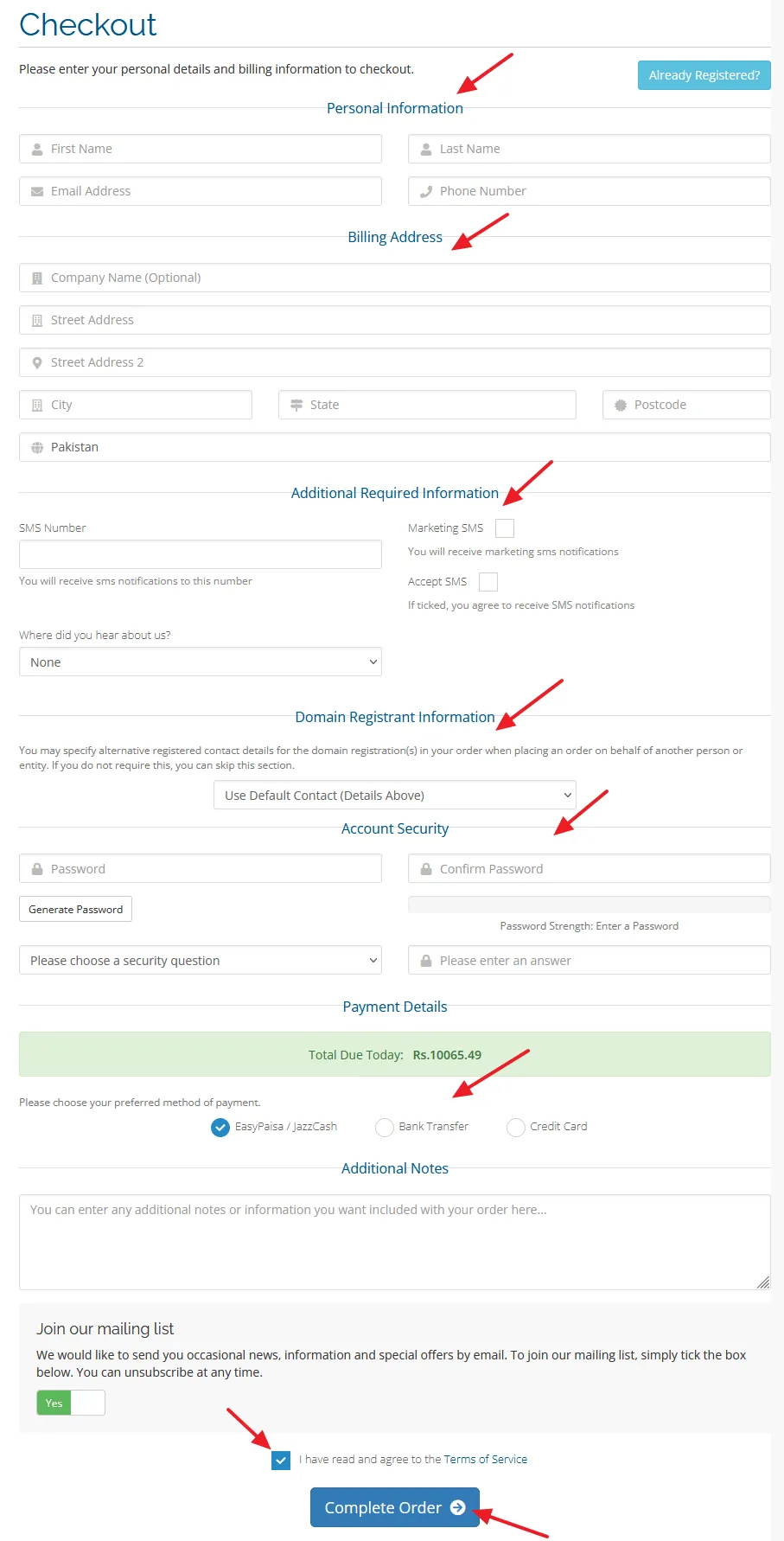 At Checkout, register yourself by filling your personal and billing correctly, like First Name, Last Name, Email ID, City, Address, Password, etc. Choose your Payment method.