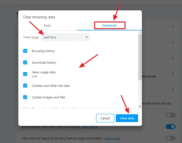 Click on the Advanced tab. Select the Time range to clear. Check the options that you want to clear such as Browsing history, Download history, Cookies and other site data, Cached images and files.