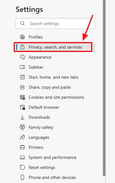 Click on the Privacy, search, and services located at the sidebar.