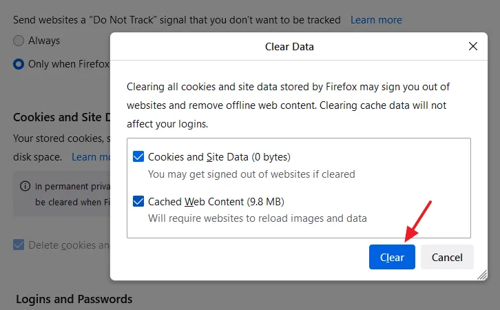 Check Cookies and Site Data and Cached Web Content to clear the cache and cookies on Firefox. Click on the Clear button.