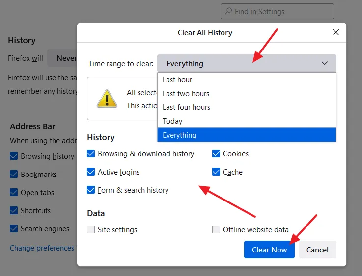 Select the Time range to clear. Choose the History options that you want to clear like browsing & download history, Cookies, Active logins, Cache, Form & search history.