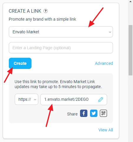 On your Impact Radius Dashboard go to CREATE A LINK section. Choose the advertiser (brand) from the dropdown list for which you want to create your default affiliate link. Click on the Create button.