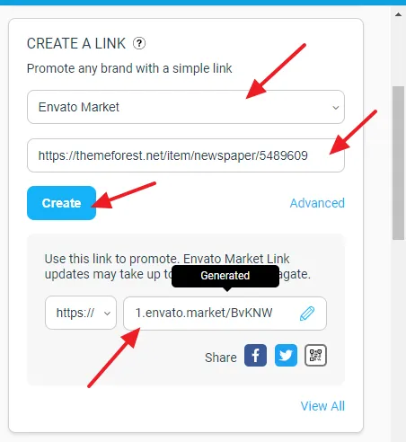 Go to CREATE A LINK section. Choose the advertiser (brand) from the dropdown list. Paste the Copied URL into the Enter a Landing Page (optional) text field. Click on the Create button