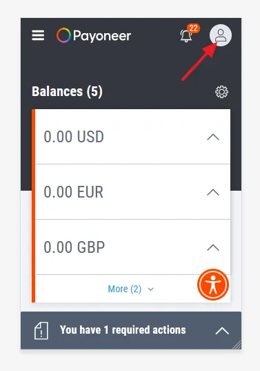 Login to your Payoneer account. Click on the Profile/Account icon, located at your top-right corner.
