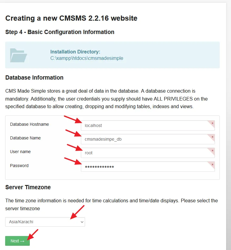 Provide your Database Information like Database username, hostname, password, etc.