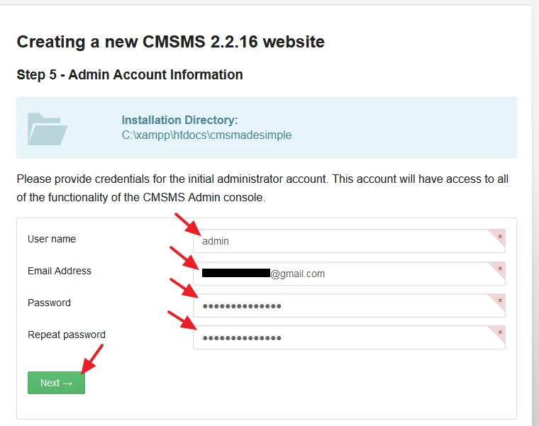 Provide information for the CMS Made Simple administrator account like Username, Email Address, and Password.
