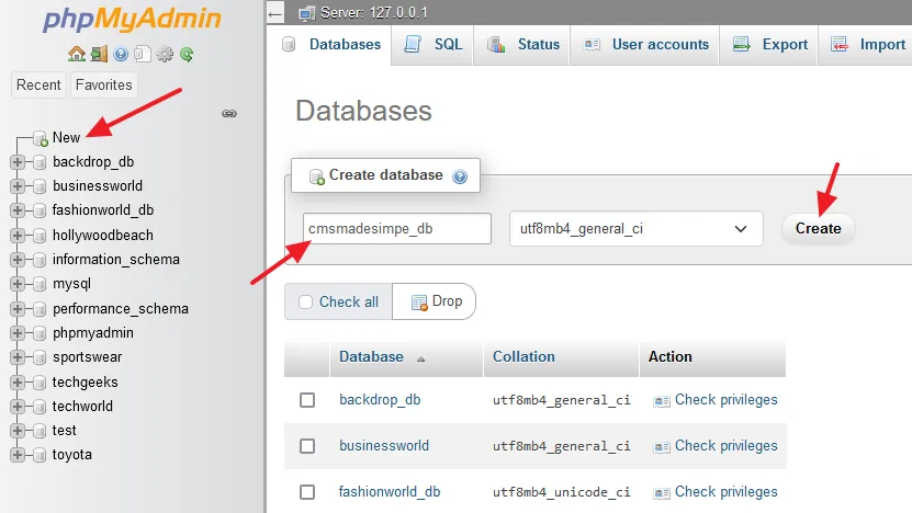 Click on the New. Go to Create database section and enter a Database Name. Click on the Create button.