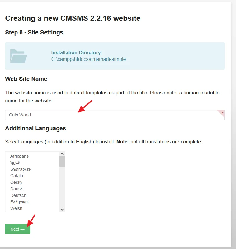 Enter the Name of your website. Select a Language(s) in addition to English.
