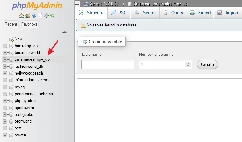 You can see that a database with the name cmsmssimple_db is created on the phpMyadmin. 