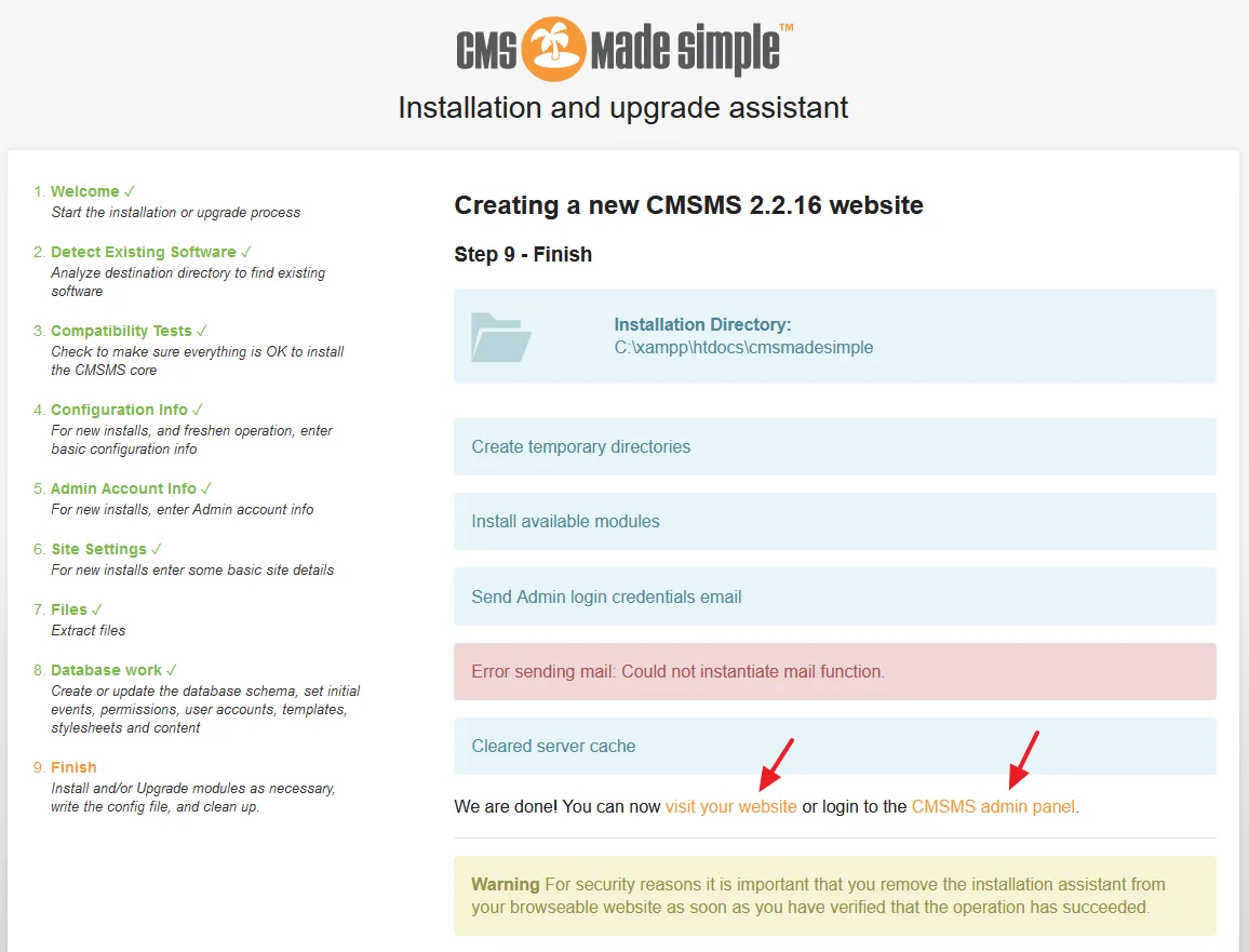 The Installation of CMS Made Simple is completed.
