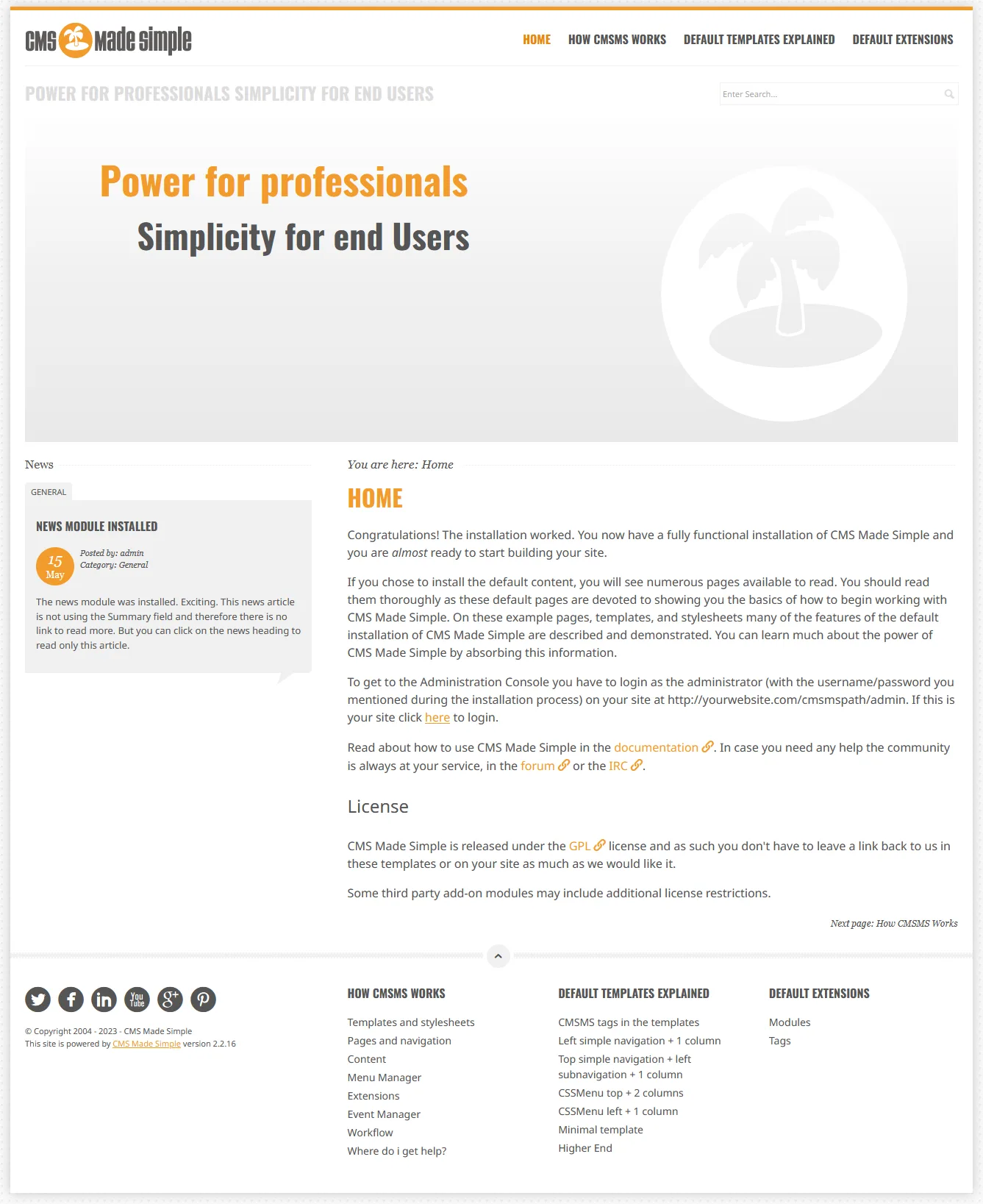 Homepage of CMS Made Simple website with a builtin theme and demo content Homepage of CMS Made Simple website with a builtin theme and demo content