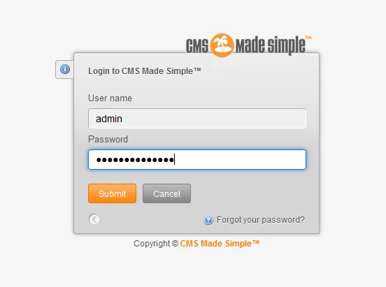 Admin Login to CMS Made Simple website. Enter Username and Password to log in.