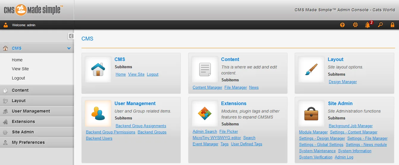 The admin section of CMS Made Simple. You can manage Content, Layout, Users, Extensions, Preferences, and many more.. 