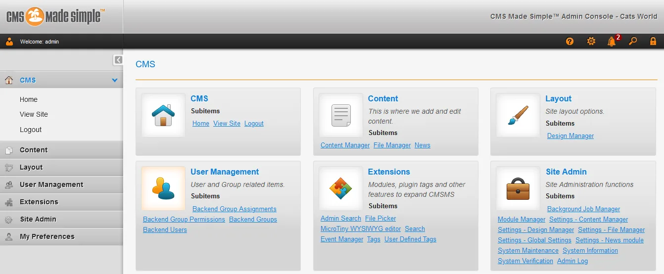 The admin section of CMS Made Simple The admin section of CMS Made Simple. You can manage Content, Layout, Users, Extensions, Preferences, and many more..