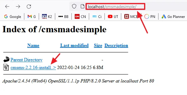 Browse the CMS Made Simple folder on localhost. Click on the cmsms-version-install.php file.