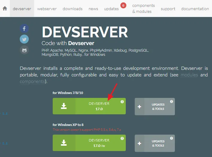 Go to EasyPHP Devserver Download Page. Click on the Devserver 17.0 button, located below the label for Windows 7/8/10.