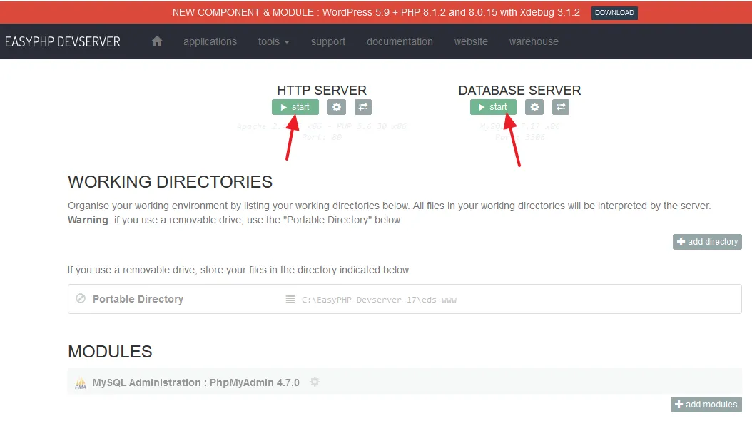 Dashboard of EasyPHP Devserver. First click on the Start button of HTTP SERVER and then DATABASE SERVER.