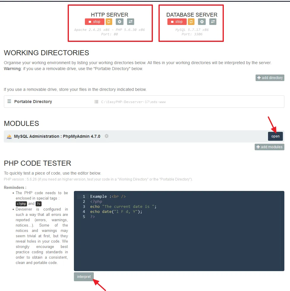 HTTP SERVER and DATABASE SERVER are started. The Portable Directory contains the data of your sites placed in the eds-www directory.