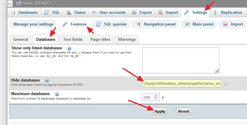 Go to Settings. Click on the Databases tab. Go to Hide databases section and delete the code (mysql | information_schema | performance_scl....) in the text field. Click on the Apply button.