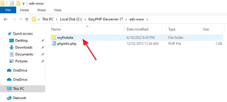 Create a new folder in the eds-www directory. Here I have named it myfirstsite. 