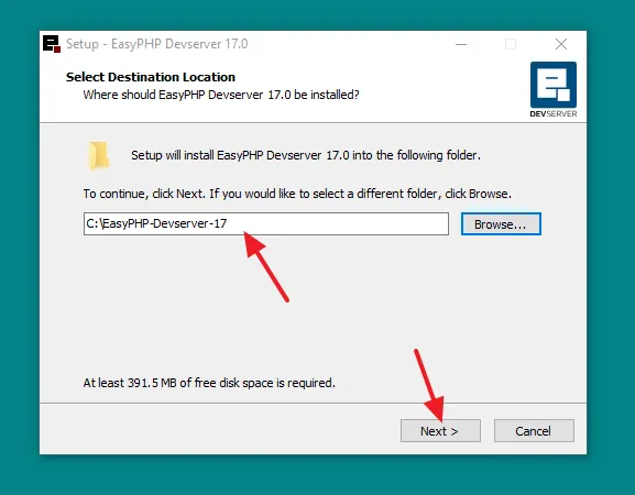 Browse the path on your computer where EasyPHP Devserver will be installed. Click on the Next button.