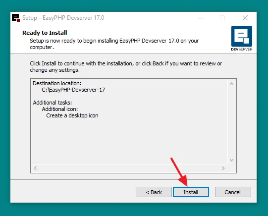 Setup is now ready to begin installing EasyPHP Devserver on your computer. Click on the Install button.