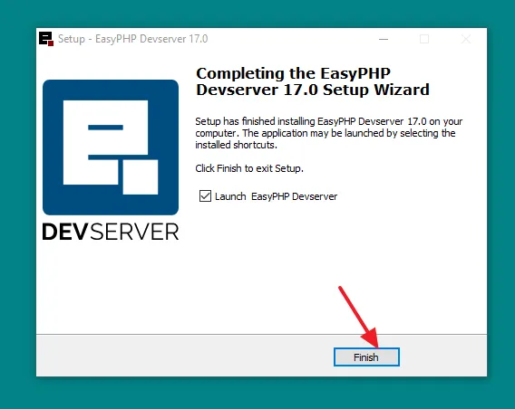 Setup has finished installing EasyPHP Devserver  17.0 on your computer. Click on the Finish button.