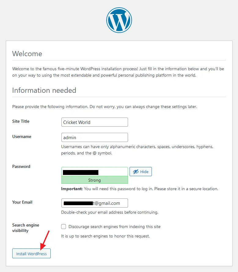 Provide the details of your site and enter WordPress admin username and password.