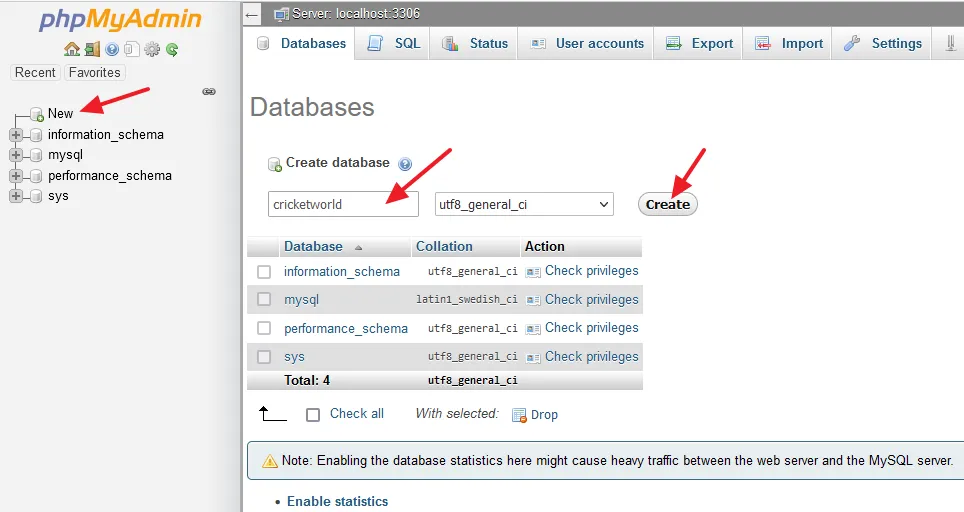 Click on the New from the sidebar. Enter a relevant name for your database in the Create database. Click on the Create button.