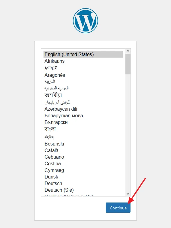 Browse your WordPress folder on localhost like this: http://localhost/folder_name. Select your desired Language. Click on the Continue button.