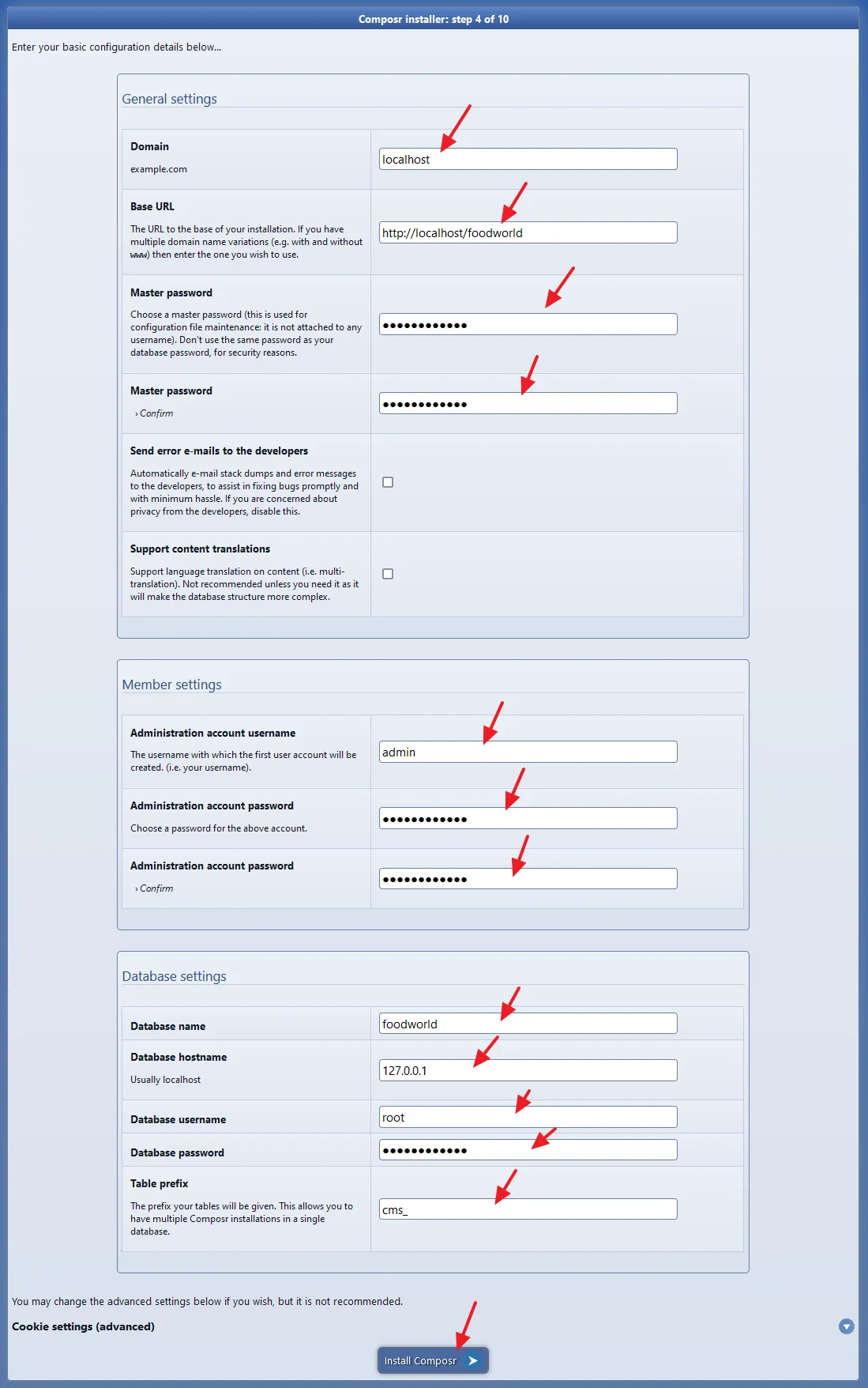 Fill the General settings, Member settings, and Database settings.