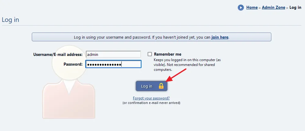 Enter your admin Username and Password. Click on the Log in button.