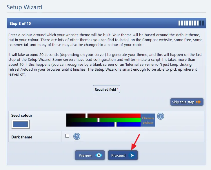 Choose the main color of your theme. Click on the Proceed button.