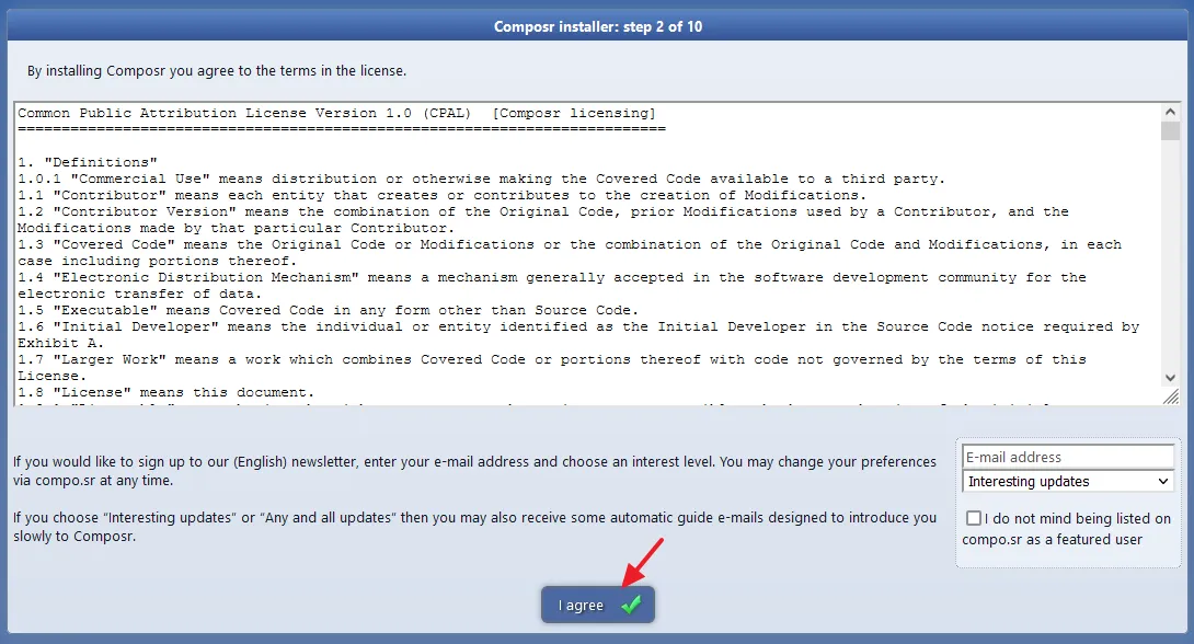 Read the terms and conditions of Composr CMS and click on the I agree button.