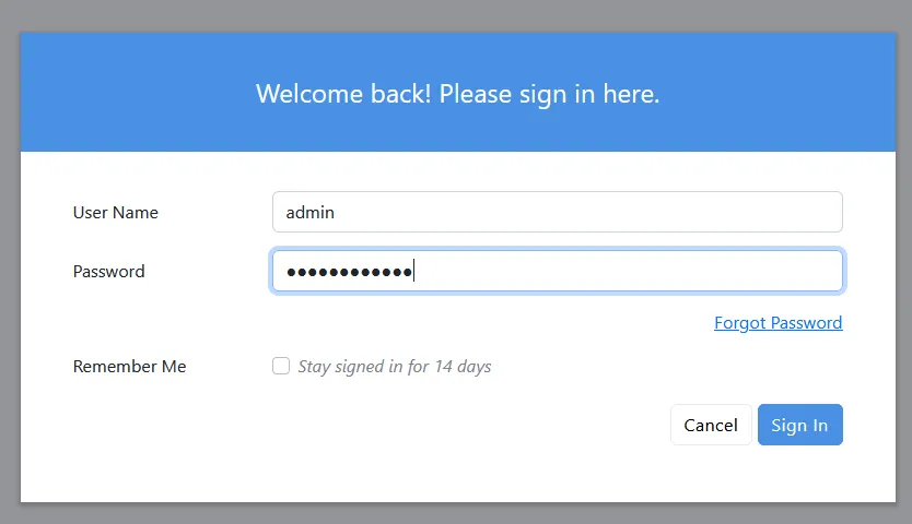 Enter your admin User Name and Password to Sign In.